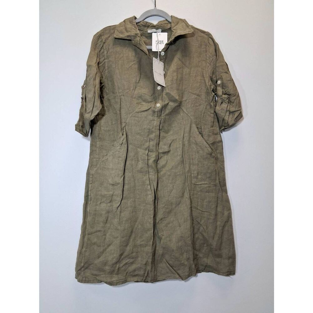 Elena balding womens small dress 100% linen tab sleeve army green minimalist